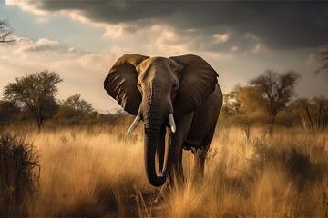 Fototapeta na wymiar Amazing picture of an African elephant grazing in the savanna, generative AI