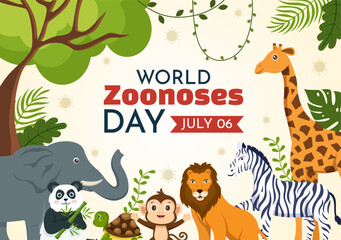 Obraz na płótnie Canvas World Zoonoses Day Vector Illustration on 6 July with Various Animals which is in the Forest in Flat Cartoon Hand Drawn Landing Page Templates