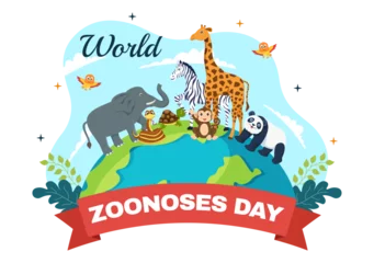 Fotobehang World Zoonoses Day Vector Illustration on 6 July with Various Animals which is in the Forest in Flat Cartoon Hand Drawn Landing Page Templates © denayune