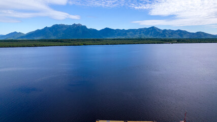 Aerial view of the city of Canan&eacute;ia. Mangrove and sea at Ilha do Cardoso state park