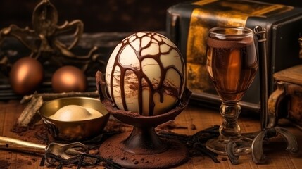 Fototapeta na wymiar chocolate eggs on a wooden table, rustic style. homemade chocolate. Generative AI