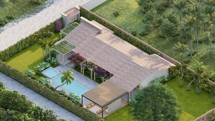 Luxurious house, drone view, in which spaces such as the pool, barbecue area and terraces are shown, located on rural land