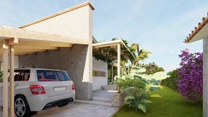 Luxurious, minimalist and boho chic house, seen from the parking lots in the lower part of the house, where the pergolas and terraces can be seen