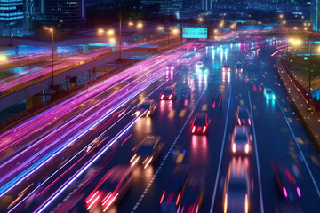 Urban Rush Hour  Vibrant Light Trails on Busy Roads,  Generative AI