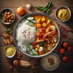 Delicious rice and curry traditional food in India and Asian. Chicken, Potato, garlic and many more spices. Created with Generative AI technology.