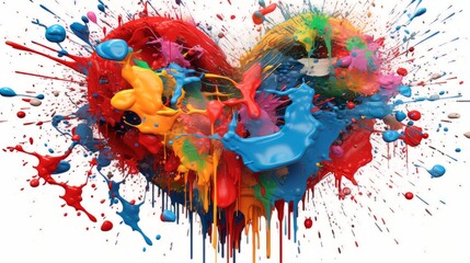 Graphic illustration of a paint explosion out of a heart. Splattering paint in a rainbow of different colors. Created by generative Ai.
