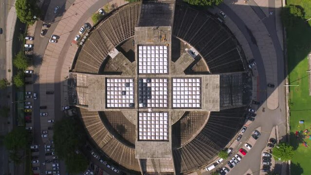 RIO DE JANEIRO, BRASIL - MAY, 2023: Aerial drone panorama view of famous landmark San Sebastian cathedral, church near Arches of Lapa traditional place of many tourists.