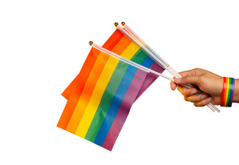 Rainbow flags and wristband in hand - obrazy, fototapety, plakaty