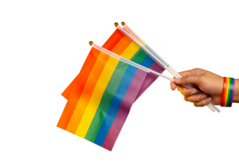 Rainbow flags and wristband in hand