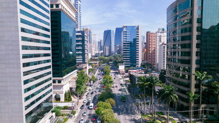 Aerial view of Avenida Brigadeiro Faria Lima, Itaim Bibi. Iconic buildings in the background