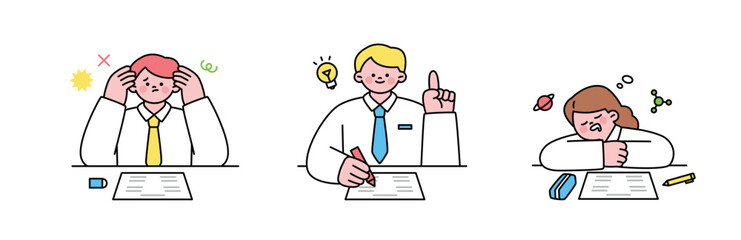 Education. Students studying hard and taking exams.