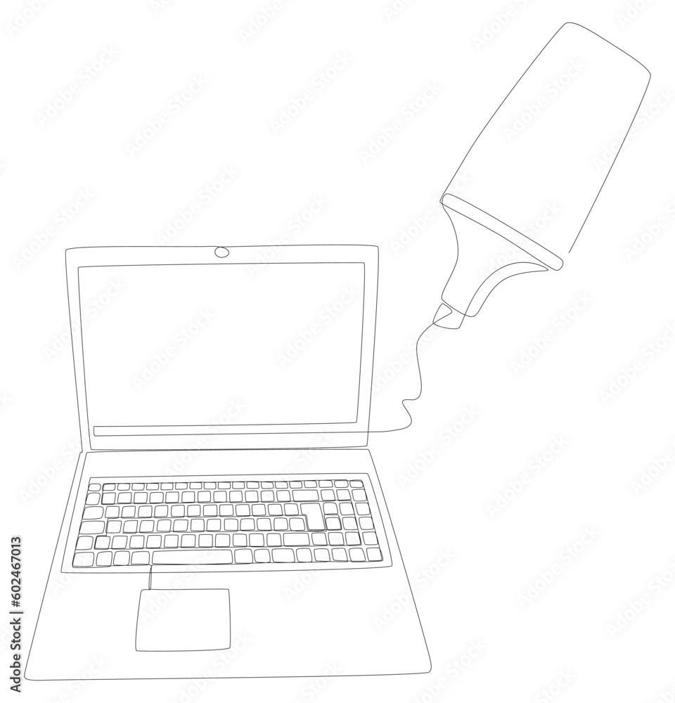 Poster one continuous line of laptop drawn by felt tip pen. thin line illustration vector concept. contour 