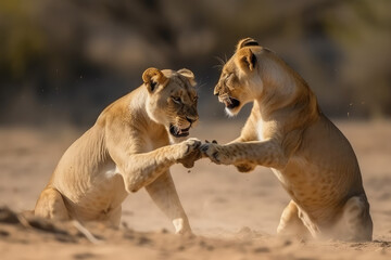 Two fighting Baby Lions in the African Savanna, generative AI - obrazy, fototapety, plakaty