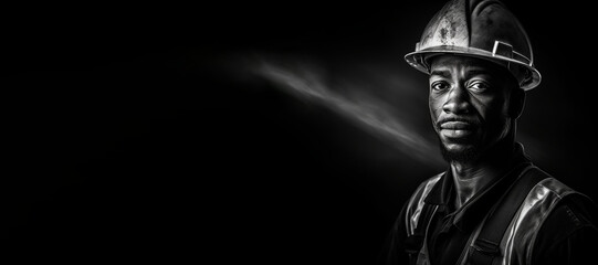Fototapeta na wymiar Black and white photorealistic studio portrait of a construction worker with hard hat on black background. Generative AI illustration