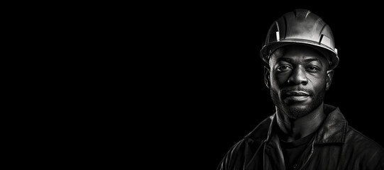 Fototapeta premium Black and white photorealistic studio portrait of a construction worker with hard hat on black background. Generative AI illustration