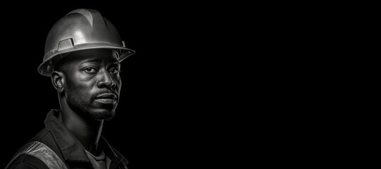 Black and white photorealistic studio portrait of a construction worker with hard hat on black background. Generative AI illustration