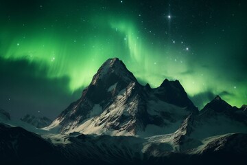 Fototapeta na wymiar Mountains with snowy peaks and aurora lights against a green sky background, offering space for text. Generative AI