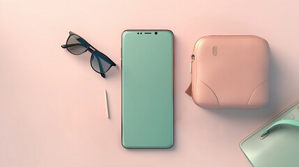 A smartphone, glasses, a clutch and a bag, on a pink background, top view, mock up, phone blank screen. Generative AI