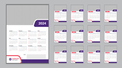 2024 Wall Calendar Design Template 11.69 in x 16.54 in with 0.25 in Bleed