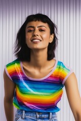 Young happy fun gay woman 20s black hair, wearing rainbow tee shirt waist up view isolated on light background studio portrait, Ai Generated