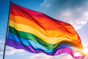Happy Pride day rainbow lgbt gay flag being waved  in the breeze against a cloudy sky, Ai Generated