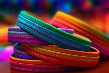 Beautiful stacked rainbow wristbands close up shot in studio lighting, Ai Generated