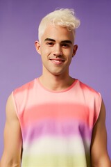 LGBTQ young happy man 20s bleached hair, wearing pastel multicolor sleeveless shirt waist up view isolated on violet background studio portrait, Ai generated