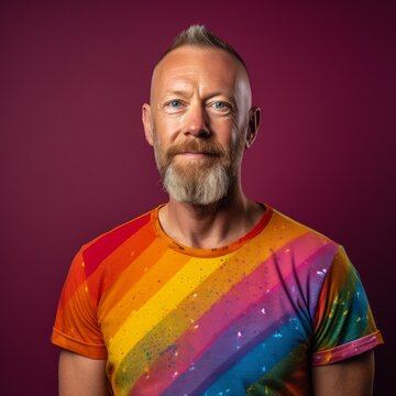 Bearded gay man 50s blonde hair wearing rainbow tee shirt waist up view isolated on red background studio portrait, Ai Generated