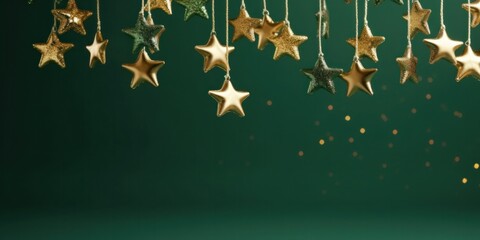 Christmas golden stars light hanging on a green background. Generative AI.