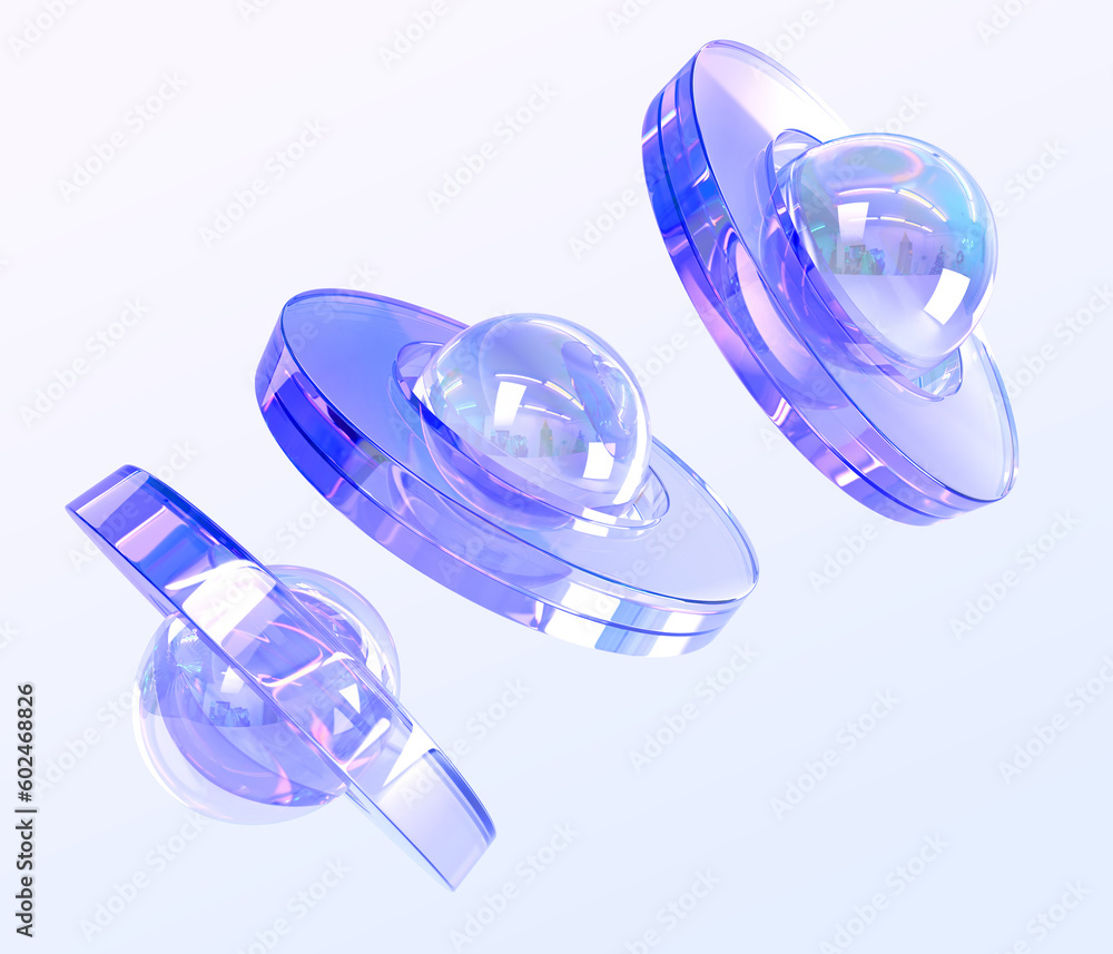 Poster glass futuristic spaceships or ufo shuttles 3d render. abstract space composition of geometric shape