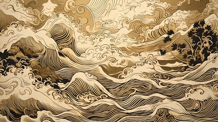 Traditional Japanese Ukiyoe beige Wave texture, detail like an old map Abstract, Elegant and Modern AI-generated illustration