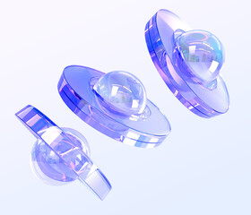 Glass futuristic spaceships or ufo shuttles 3d render. Abstract space composition of geometric shapes with holographic gradient texture, isolated cosmic objects with spheres and rings. 3D illustration