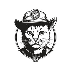 cat wearing scout hat, vintage logo line art concept black and white color, hand drawn illustration