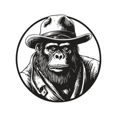 orangutan detective, vintage logo line art concept black and white color, hand drawn illustration