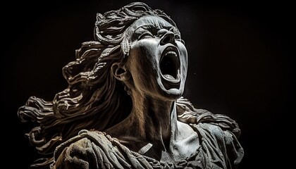 Sculpture of woman screaming white on dark background tragic and irretrievable atmosphere with face contorted in agony Abstract, Elegant and Modern AI-generated illustration - obrazy, fototapety, plakaty