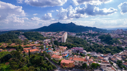 Aerial view of the Pirituba neighborhood in Sao Paulo, Brazil. Pico do Jaraguá in the background.