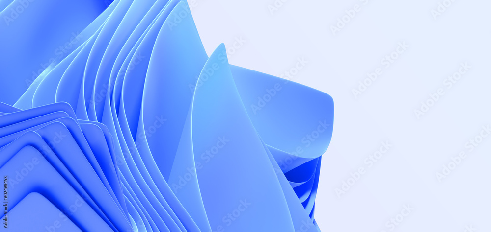 Poster abstract blue layered background 3d render. folded paper sheets or fabric ribbons with wavy curved e