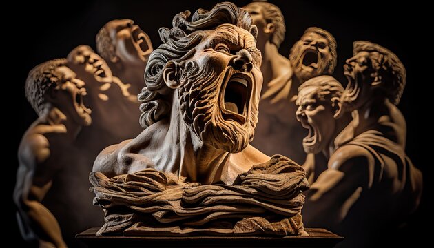 Sculpture of a man screaming loudly in unbearable suffering warm light and dark background Abstract, Elegant and Modern AI-generated illustration