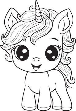 unicorn cartoon. Black and white lines. Coloring page for kids. Activity Book. 