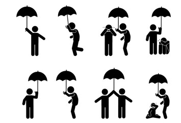 People with umbrellas. the rains. stick figure. pictogram, stickman and stick figure 