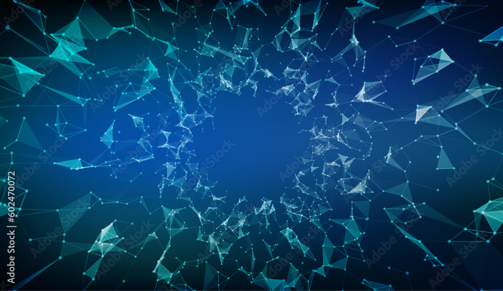 Poster abstract low polygonal blue background with connecting dots and lines. geometric low poly space. con