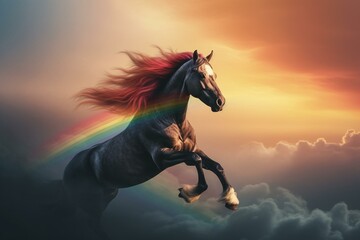Naklejka na ściany i meble A flying pony unicorn on a rainbow. Generative AI