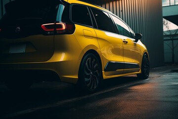Fototapeta na wymiar Yellow electric minivan charging. Generative AI