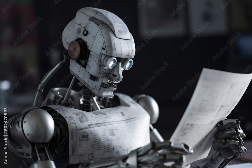 Aufkleber robot laptop ai office document technology digital artificial hand paper. generative ai.
