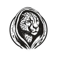 cheetah wearing hoodie, vintage logo line art concept black and white color, hand drawn illustration