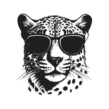 cheetah wearing sunglasses, vintage logo line art concept black and white color, hand drawn illustration