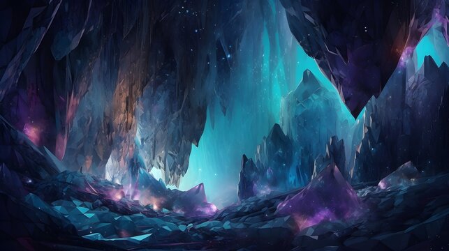 Wallpaper featuring a complex network of crystals in varying shades of blue and purple. Generative AI.