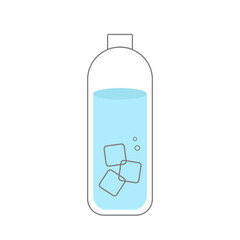 Bottle with water, ice cubes and air bubbles. Line vector illustration. Outline drawing of plastic or glass bottle.