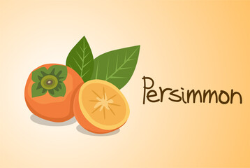 kesemek or Persimmon orange fruit vector illustration with fruit slices and green leaf