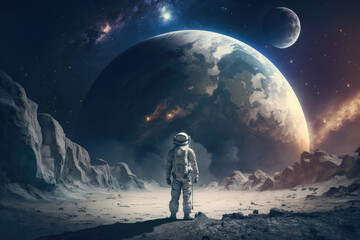 Fototapeta na wymiar Illustration of an astronaut in space against a background of the moon. 5K science fiction painting that is realistic. Image components provided by NASA, generative AI